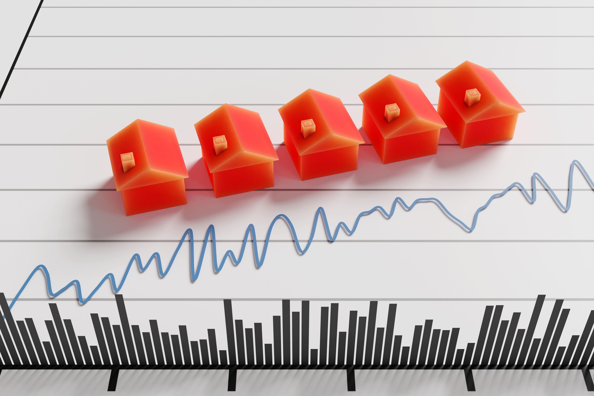 Row of red toy houses on a fluctuating line graph with transaction volumes indicated as bar chart at the bottom. Illustration of the concept of price changes of real estate properties