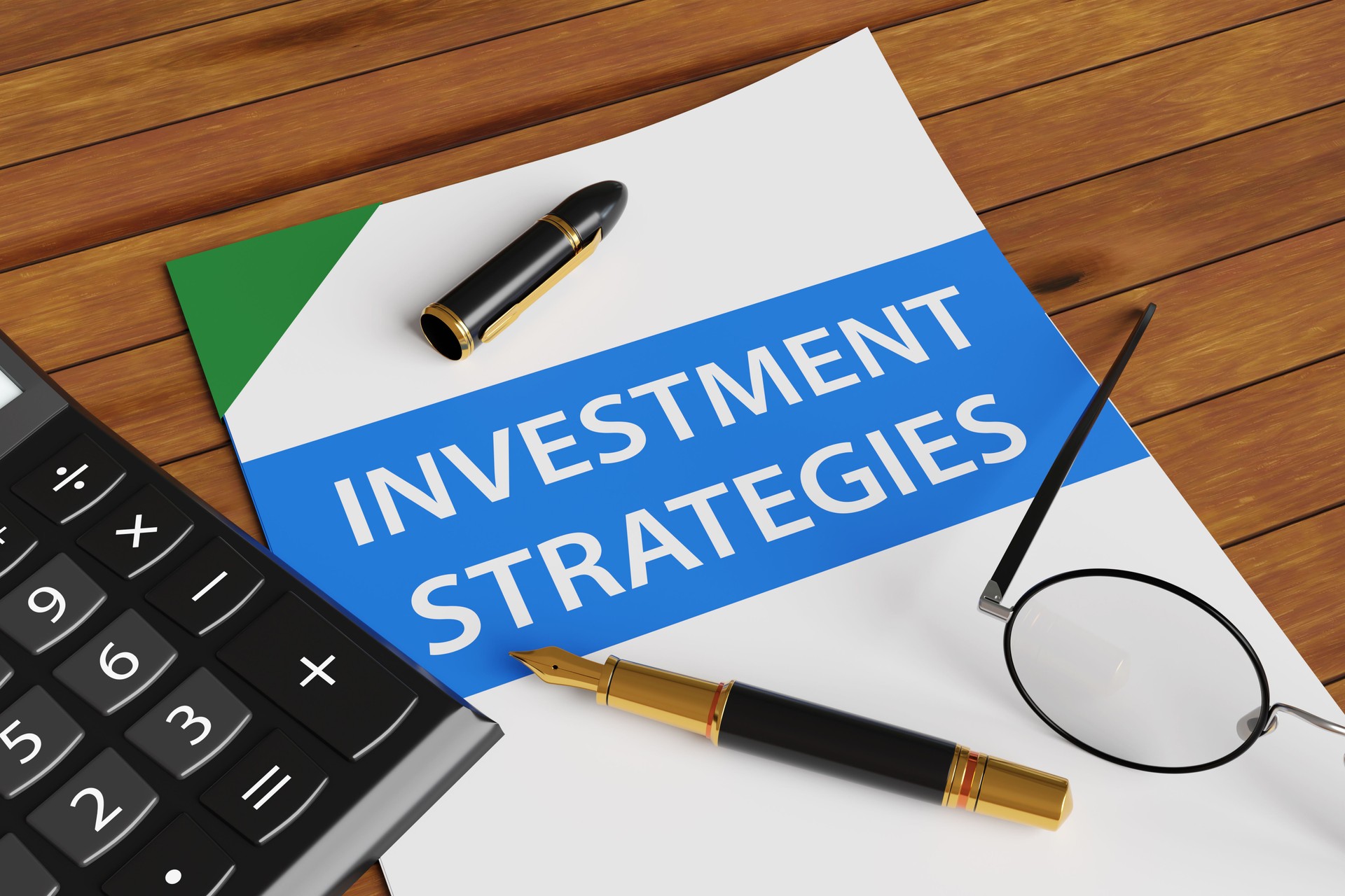 Document has a cover page showing the title INVESTMENT STRATEGIES, together with a calculator, a fountain pen and spectacles on a wooden desk. Illustration of the concept of financial planning