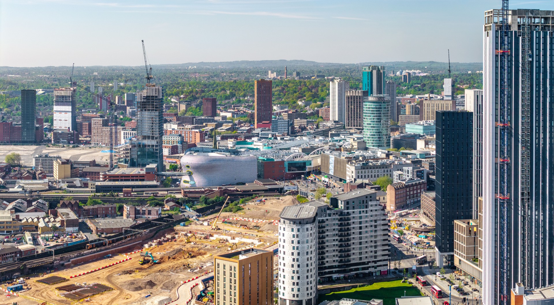 Aerial view of a Birmingham cityscape skyline and HS2 construction site on Curzon Street